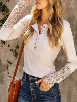 Women's Boho Shirt T Shirt Solid Color Ladies Long Sleeve Crew Neck Regular Tops Work Going out Eyelet Beige Spring Fall