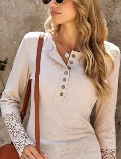 Women's Boho Shirt T Shirt Solid Color Ladies Long Sleeve Crew Neck Regular Tops Work Going out Eyelet Beige Spring Fall