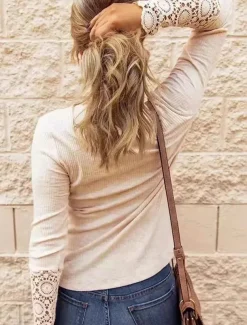 Women's Boho Shirt T Shirt Solid Color Ladies Long Sleeve Crew Neck Regular Tops Work Going out Eyelet Beige Spring Fall