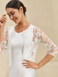 Women's Bolero Lace Embroidered Elegant Floral Formal Regular Crewneck Loose Fit 3/4 Length Sleeve Outerwear White Summer Spring Fall Winter
