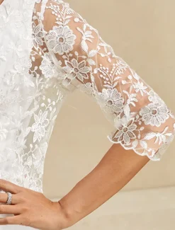 Women's Bolero Lace Embroidered Elegant Floral Formal Regular Crewneck Loose Fit 3/4 Length Sleeve Outerwear White Summer Spring Fall Winter