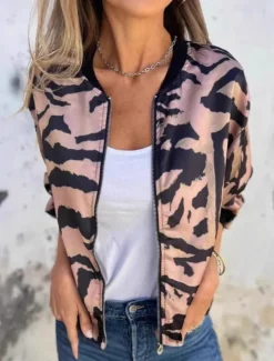 Women's Bomber Jacket Casual Jacket Comfortable Breathable Zipper Print Casual Leopard Vacation Street Casual Daily Wear Zipper Regular Stand Collar Regular Fit Long Sleeve Outerwear Pink Apricot