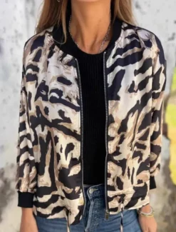 Women's Bomber Jacket Casual Jacket Comfortable Breathable Zipper Print Casual Leopard Vacation Street Casual Daily Wear Zipper Regular Stand Collar Regular Fit Long Sleeve Outerwear Pink Apricot