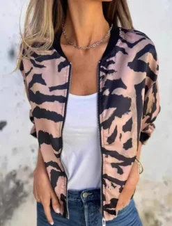 Women's Bomber Jacket Casual Jacket Comfortable Breathable Zipper Print Casual Leopard Vacation Street Casual Daily Wear Zipper Regular Stand Collar Regular Fit Long Sleeve Outerwear Pink Apricot