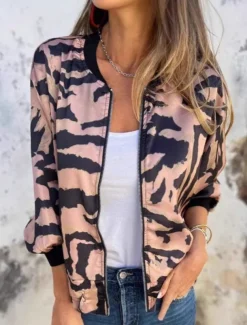 Women's Bomber Jacket Casual Jacket Comfortable Breathable Zipper Print Casual Leopard Vacation Street Casual Daily Wear Zipper Regular Stand Collar Regular Fit Long Sleeve Outerwear Pink Apricot