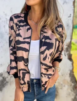Women's Bomber Jacket Casual Jacket Comfortable Breathable Zipper Print Casual Leopard Vacation Street Casual Daily Wear Zipper Regular Stand Collar Regular Fit Long Sleeve Outerwear Pink Apricot