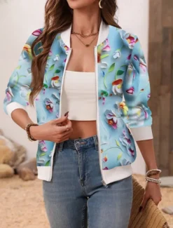 Women's Bomber Jacket Casual Jacket Comfortable Breathable Zipper Pocket Print Casual Floral Vacation Street Casual Daily Wear Zipper Short Stand Collar Regular Fit Long Sleeve Outerwear White Pink