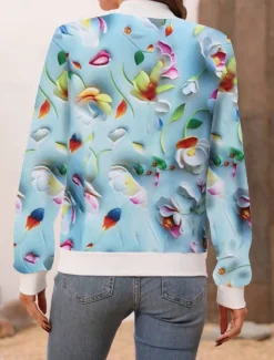 Women's Bomber Jacket Casual Jacket Comfortable Breathable Zipper Pocket Print Casual Floral Vacation Street Casual Daily Wear Zipper Short Stand Collar Regular Fit Long Sleeve Outerwear White Pink