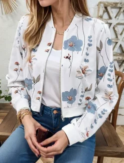 Women's Bomber Jacket Casual Jacket Comfortable Breathable Zipper Pocket Print Casual Floral Vacation Street Casual Daily Wear Zipper Short Stand Collar Regular Fit Long Sleeve Outerwear White Pink