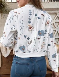 Women's Bomber Jacket Casual Jacket Comfortable Breathable Zipper Pocket Print Casual Floral Vacation Street Casual Daily Wear Zipper Short Stand Collar Regular Fit Long Sleeve Outerwear White Pink