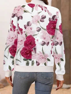Women's Bomber Jacket Casual Jacket Comfortable Breathable Zipper Pocket Print Casual Floral Vacation Street Casual Daily Wear Zipper Short Stand Collar Regular Fit Long Sleeve Outerwear White Pink