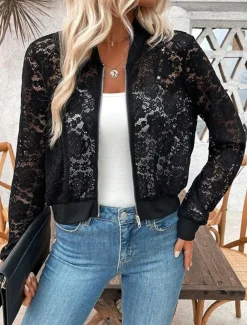 Women's Bomber Jacket Comfortable Breathable Lace Patchwork Zipper Elegant Casual Plain Vacation Street Casual Daily Wear Zipper Short Stand Collar Regular Fit Long Sleeve Outerwear Black Summer