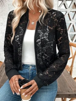 Women's Bomber Jacket Comfortable Breathable Lace Patchwork Zipper Elegant Casual Plain Vacation Street Casual Daily Wear Zipper Short Stand Collar Regular Fit Long Sleeve Outerwear Black Summer