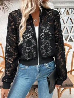 Women's Bomber Jacket Comfortable Breathable Lace Patchwork Zipper Elegant Casual Plain Vacation Street Casual Daily Wear Zipper Short Stand Collar Regular Fit Long Sleeve Outerwear Black Summer