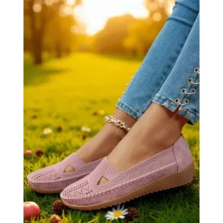 Women's Breathable Flyknit Cut-Out Loafers – Lightweight Casual Slip-On Shoes for Gardening and Outdoor Activities