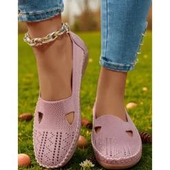 Women's Breathable Flyknit Cut-Out Loafers – Lightweight Casual Slip-On Shoes for Gardening and Outdoor Activities