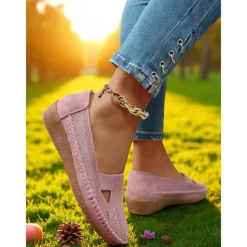 Women's Breathable Flyknit Cut-Out Loafers – Lightweight Casual Slip-On Shoes for Gardening and Outdoor Activities