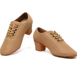 Women's Breathable Mesh Jazz Dance Shoes with Lace-Up Design and Comfortable Heeled Sole for Ballroom and Practice Sessions