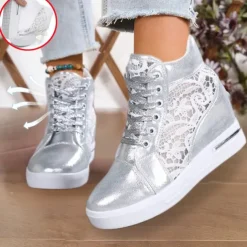 Women's Breathable Wedge Sneakers with Lace Panel – Comfortable Lace-Up High-Top Shoes for Casual Outings and Summer Wear