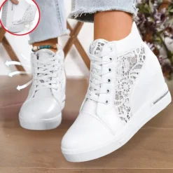 Women's Breathable Wedge Sneakers with Lace Panel – Comfortable Lace-Up High-Top Shoes for Casual Outings and Summer Wear
