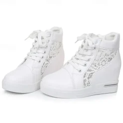 Women's Breathable Wedge Sneakers with Lace Panel – Comfortable Lace-Up High-Top Shoes for Casual Outings and Summer Wear