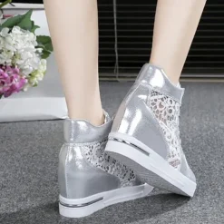 Women's Breathable Wedge Sneakers with Lace Panel – Comfortable Lace-Up High-Top Shoes for Casual Outings and Summer Wear