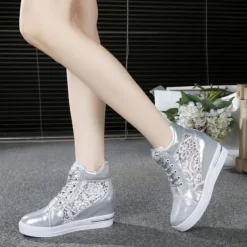 Women's Breathable Wedge Sneakers with Lace Panel – Comfortable Lace-Up High-Top Shoes for Casual Outings and Summer Wear