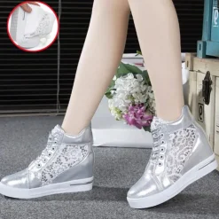 Women's Breathable Wedge Sneakers with Lace Panel – Comfortable Lace-Up High-Top Shoes for Casual Outings and Summer Wear