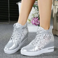 Women's Breathable Wedge Sneakers with Lace Panel – Comfortable Lace-Up High-Top Shoes for Casual Outings and Summer Wear