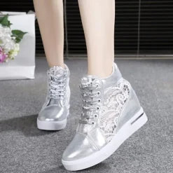 Women's Breathable Wedge Sneakers with Lace Panel – Comfortable Lace-Up High-Top Shoes for Casual Outings and Summer Wear