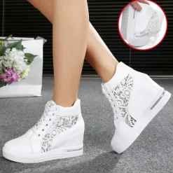 Women's Breathable Wedge Sneakers with Lace Panel – Comfortable Lace-Up High-Top Shoes for Casual Outings and Summer Wear