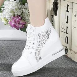 Women's Breathable Wedge Sneakers with Lace Panel – Comfortable Lace-Up High-Top Shoes for Casual Outings and Summer Wear
