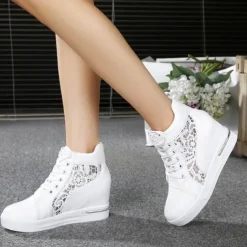 Women's Breathable Wedge Sneakers with Lace Panel – Comfortable Lace-Up High-Top Shoes for Casual Outings and Summer Wear