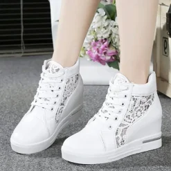 Women's Breathable Wedge Sneakers with Lace Panel – Comfortable Lace-Up High-Top Shoes for Casual Outings and Summer Wear