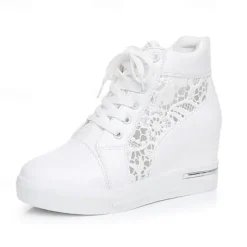 Women's Breathable Wedge Sneakers with Lace Panel – Comfortable Lace-Up High-Top Shoes for Casual Outings and Summer Wear