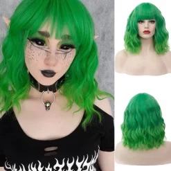 Women's Bright Green Ombre Wig Short Curly Wavy Wig Shoulder Length Flat Bangs Wig For Women Girl Cosplay Party Halloween Wig Cap Included St.Patrick's Day Wigs