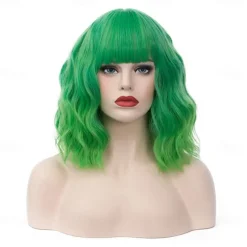 Women's Bright Green Ombre Wig Short Curly Wavy Wig Shoulder Length Flat Bangs Wig For Women Girl Cosplay Party Halloween Wig Cap Included St.Patrick's Day Wigs