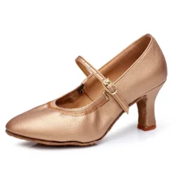 Women's Bronze Faux Leather Mary Jane Dance Shoes with Mid-Heel and Adjustable Buckle - Ideal for Ballroom and Latin Performances