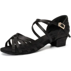 Women's Bronze Satin Latin Dance Shoes with Soft Suede Sole - Strappy Open Toe Low Heel Ballroom Sandals with Ankle Buckle for Salsa and Tango