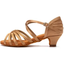 Women's Bronze Satin Latin Dance Shoes with Soft Suede Sole - Strappy Open Toe Low Heel Ballroom Sandals with Ankle Buckle for Salsa and Tango