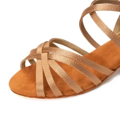 Women's Bronze Satin Latin Dance Shoes with Soft Suede Sole - Strappy Open Toe Low Heel Ballroom Sandals with Ankle Buckle for Salsa and Tango