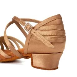 Women's Bronze Satin Latin Dance Shoes with Soft Suede Sole - Strappy Open Toe Low Heel Ballroom Sandals with Ankle Buckle for Salsa and Tango