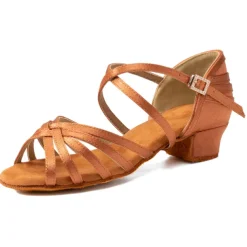 Women's Bronze Satin Latin Dance Shoes with Soft Suede Sole - Strappy Open Toe Low Heel Ballroom Sandals with Ankle Buckle for Salsa and Tango