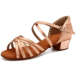 Women's Bronze Satin Latin Dance Shoes with Soft Suede Sole - Strappy Open Toe Low Heel Ballroom Sandals with Ankle Buckle for Salsa and Tango