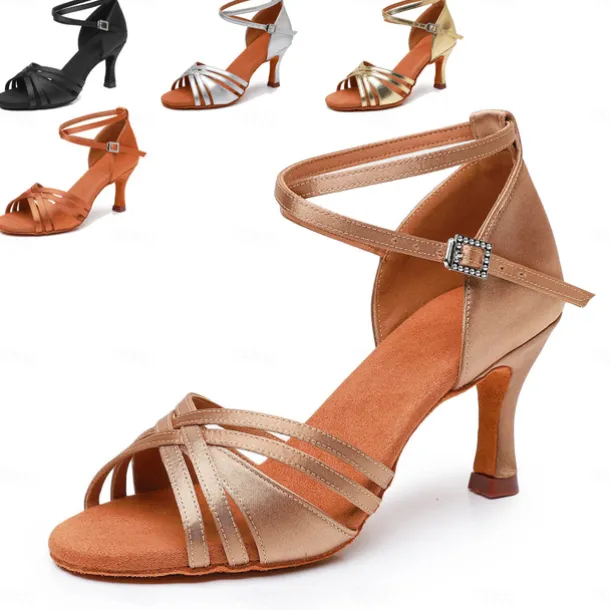 Women's Bronze Satin Latin Dance Shoes – Strappy Ballroom Sandals with Suede Sole & Adjustable Ankle Strap for Salsa & Performance