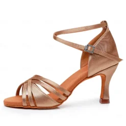 Women's Bronze Satin Latin Dance Shoes – Strappy Ballroom Sandals with Suede Sole & Adjustable Ankle Strap for Salsa & Performance