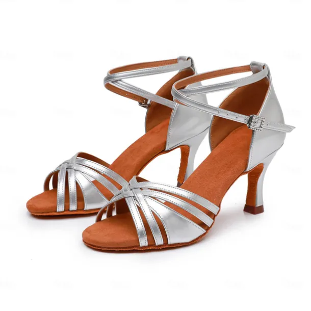 Women's Bronze Satin Latin Dance Shoes – Strappy Ballroom Sandals with Suede Sole & Adjustable Ankle Strap for Salsa & Performance