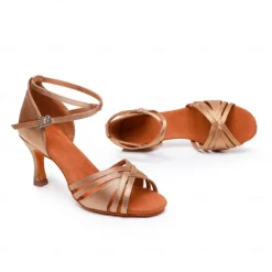 Women's Bronze Satin Latin Dance Shoes – Strappy Ballroom Sandals with Suede Sole & Adjustable Ankle Strap for Salsa & Performance