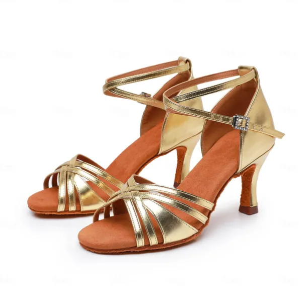 Women's Bronze Satin Latin Dance Shoes – Strappy Ballroom Sandals with Suede Sole & Adjustable Ankle Strap for Salsa & Performance