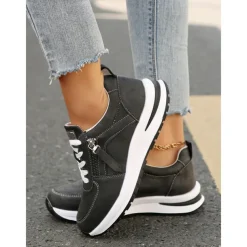 Women's Brown Faux Leather Casual Sneakers with Side Zipper – Comfortable Lace-Up Shoes for Everyday and Outdoor Wear